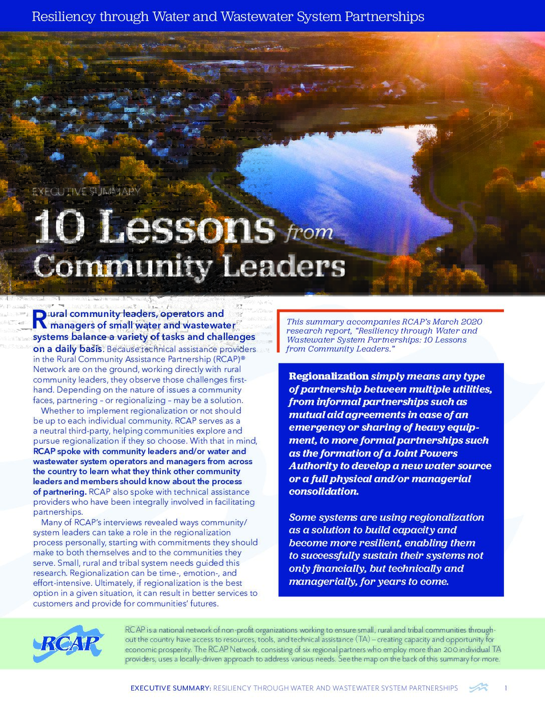 RCAP Report Resiliency Through Water and Wastewater System Partnerships: 10 Lessons from Community Leaders