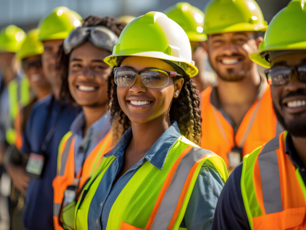 Youth workforce led by a young black woman wearing protective vests and helmets at industrial plant
